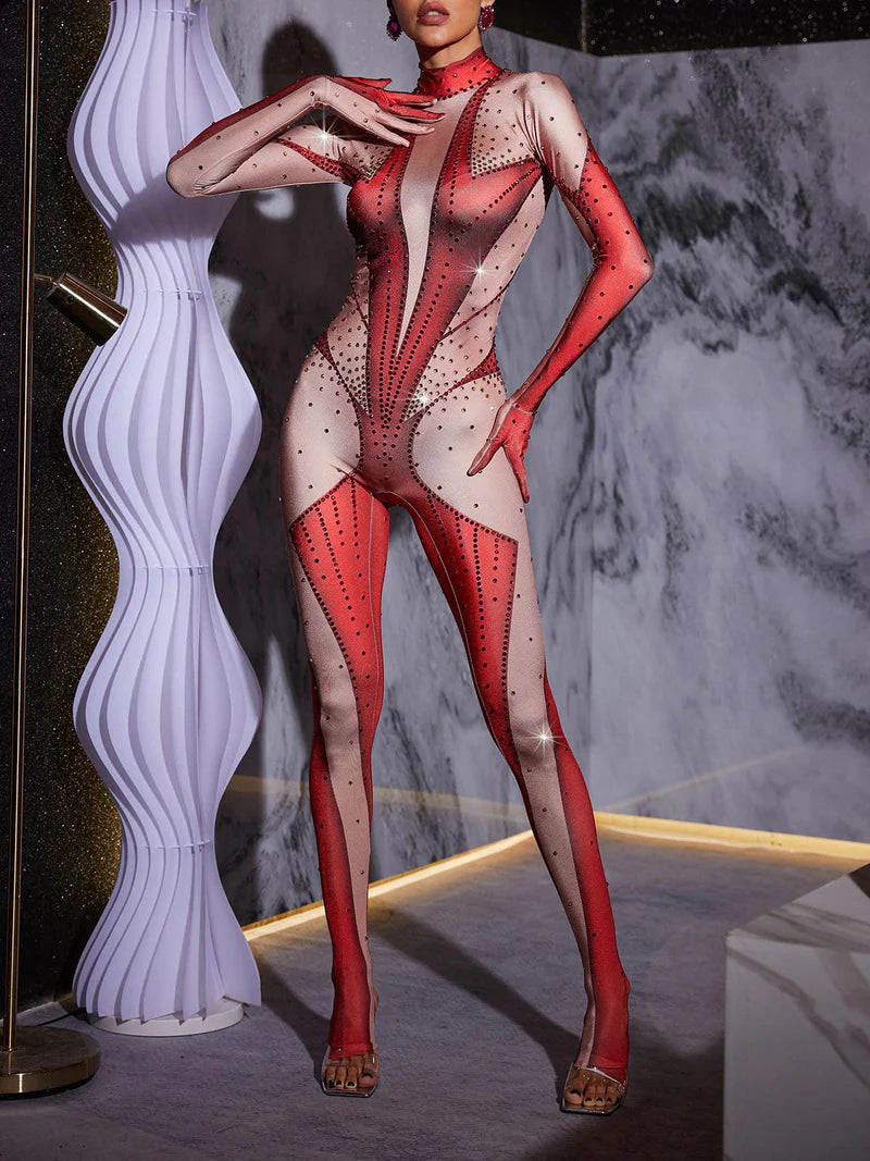 Pera Body Printed Rhinestone Gloves Jumpsuit