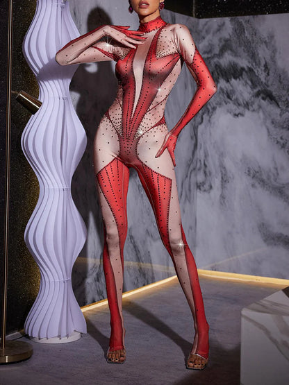 Pera Body Printed Rhinestone Gloves Jumpsuit