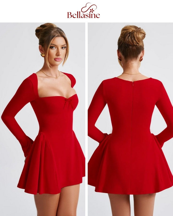 Megan Mini Dress - Long Flare Sleeves Patchwork A-Line Mini Dress