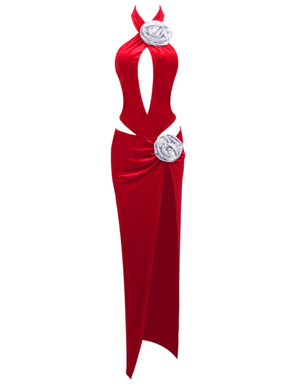Ramirez Halterneck Flower Cutout Split Dress
