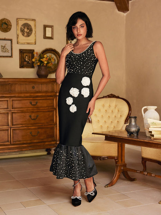 Reddy Plunge Neck Pearl Flower Midi Dress