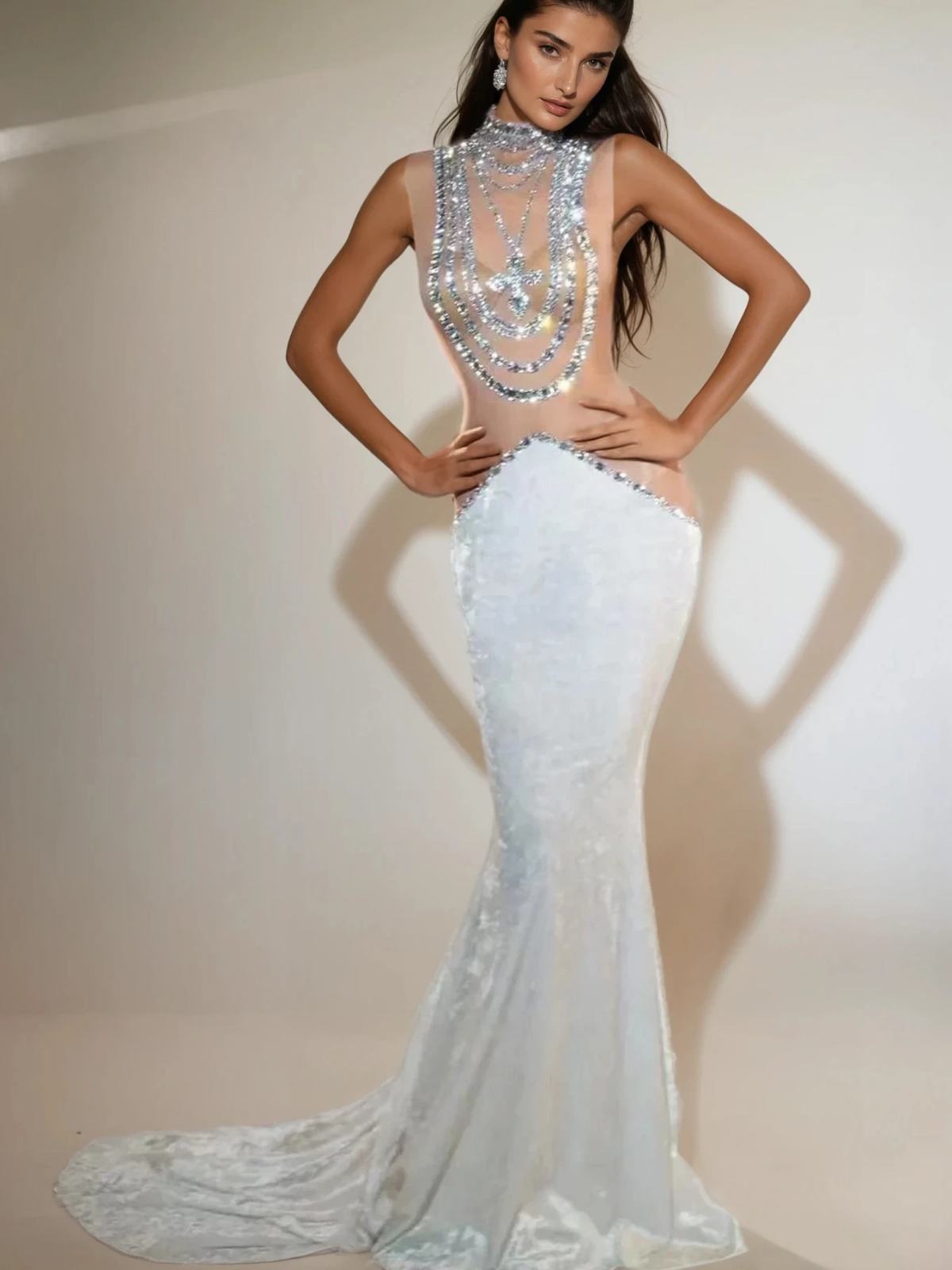 Shelyn Rhinestone Velvet Mermaid Maxi Dress In White