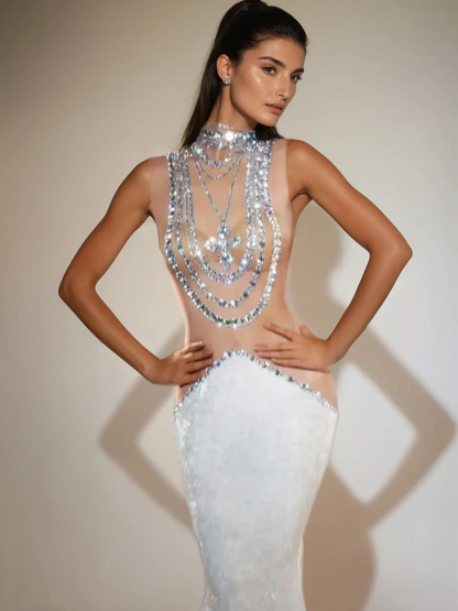 Shelyn Rhinestone Velvet Mermaid Maxi Dress In White