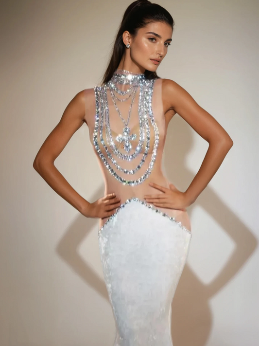 Shelyn Rhinestone Velvet Mermaid Maxi Dress In White