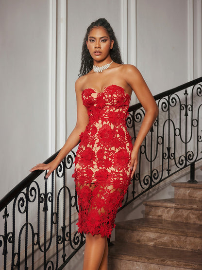 Achsa Strapless Flower Embroidered Midi Dress