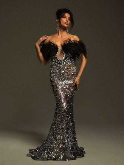 Tayne Off Shoulder Feather Rhinestone Maxi Dress