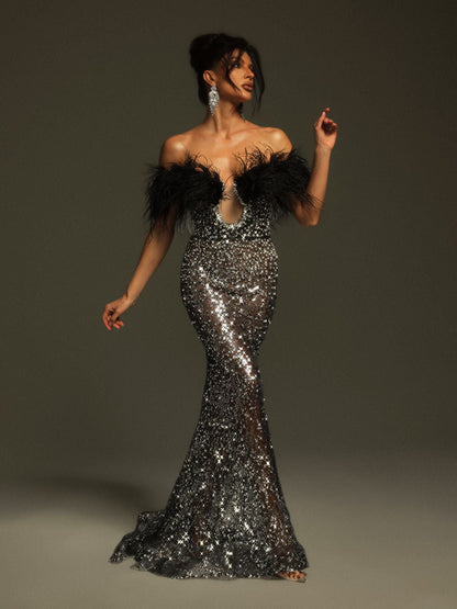 Tayne Off Shoulder Feather Rhinestone Maxi Dress