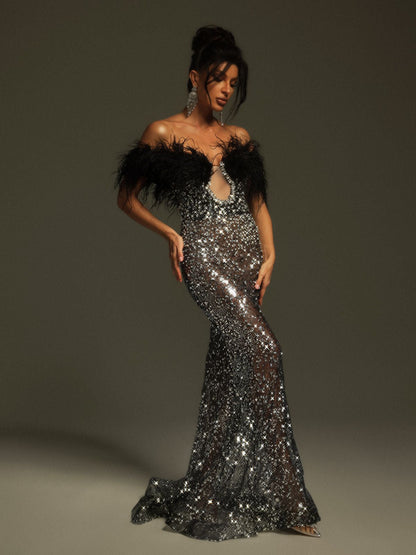 Tayne Off Shoulder Feather Rhinestone Maxi Dress