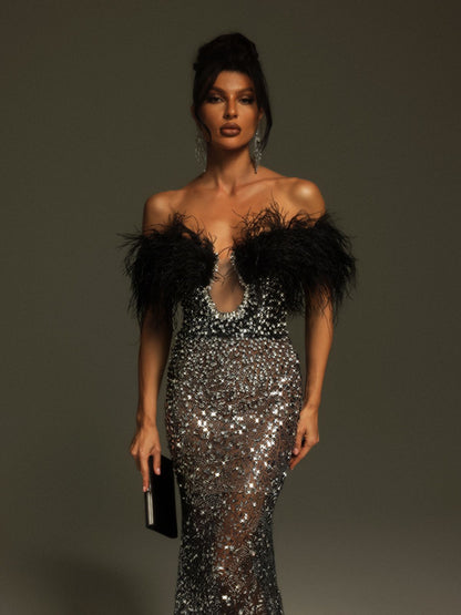 Tayne Off Shoulder Feather Rhinestone Maxi Dress
