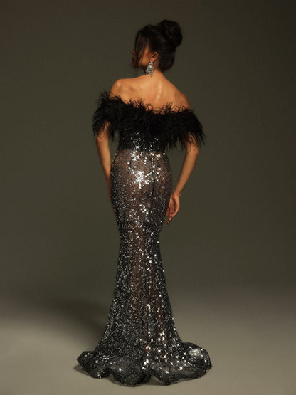 Tayne Off Shoulder Feather Rhinestone Maxi Dress