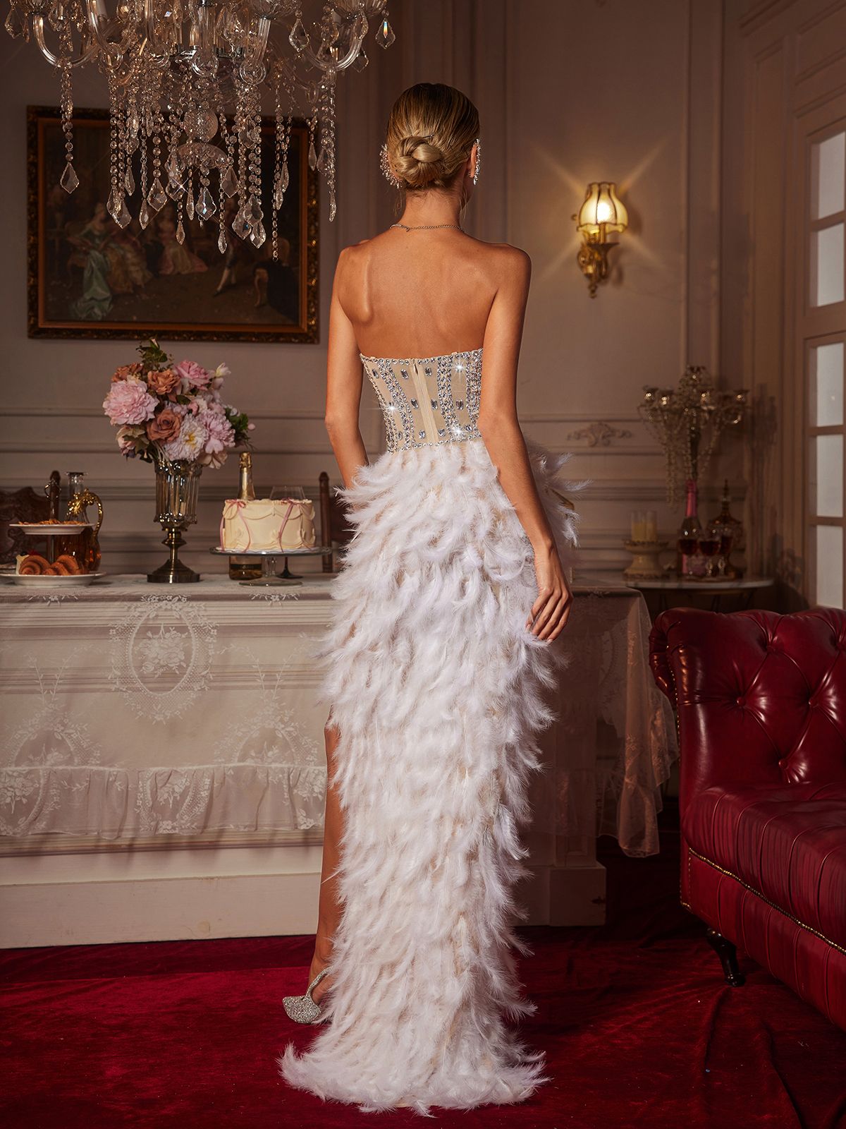 Vieby Strapless Rhinestone Feather Maxi Dress