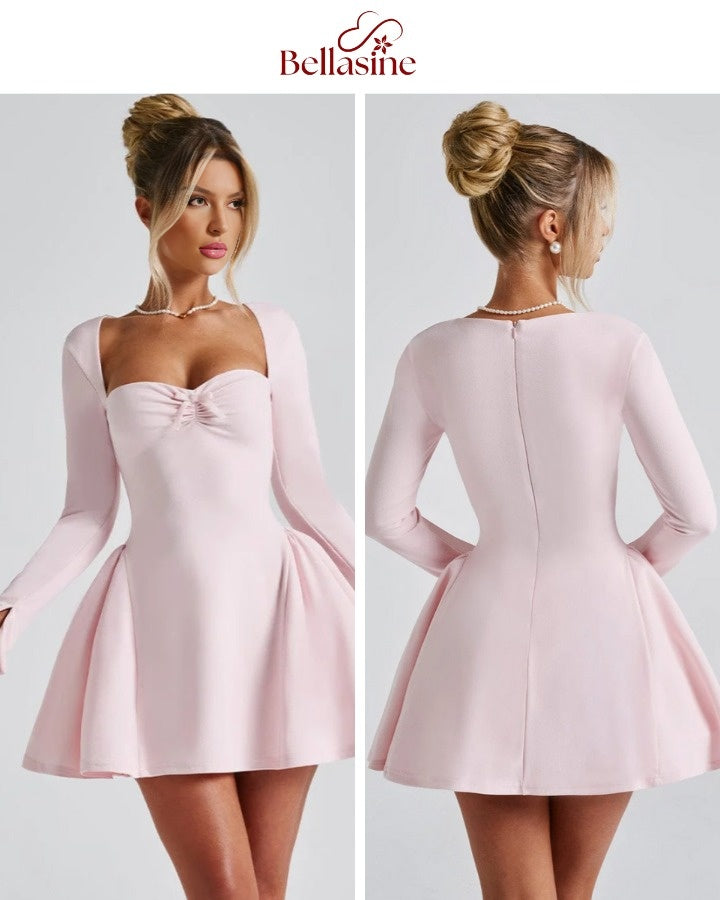 Megan Mini Dress - Long Flare Sleeves Patchwork A-Line Mini Dress